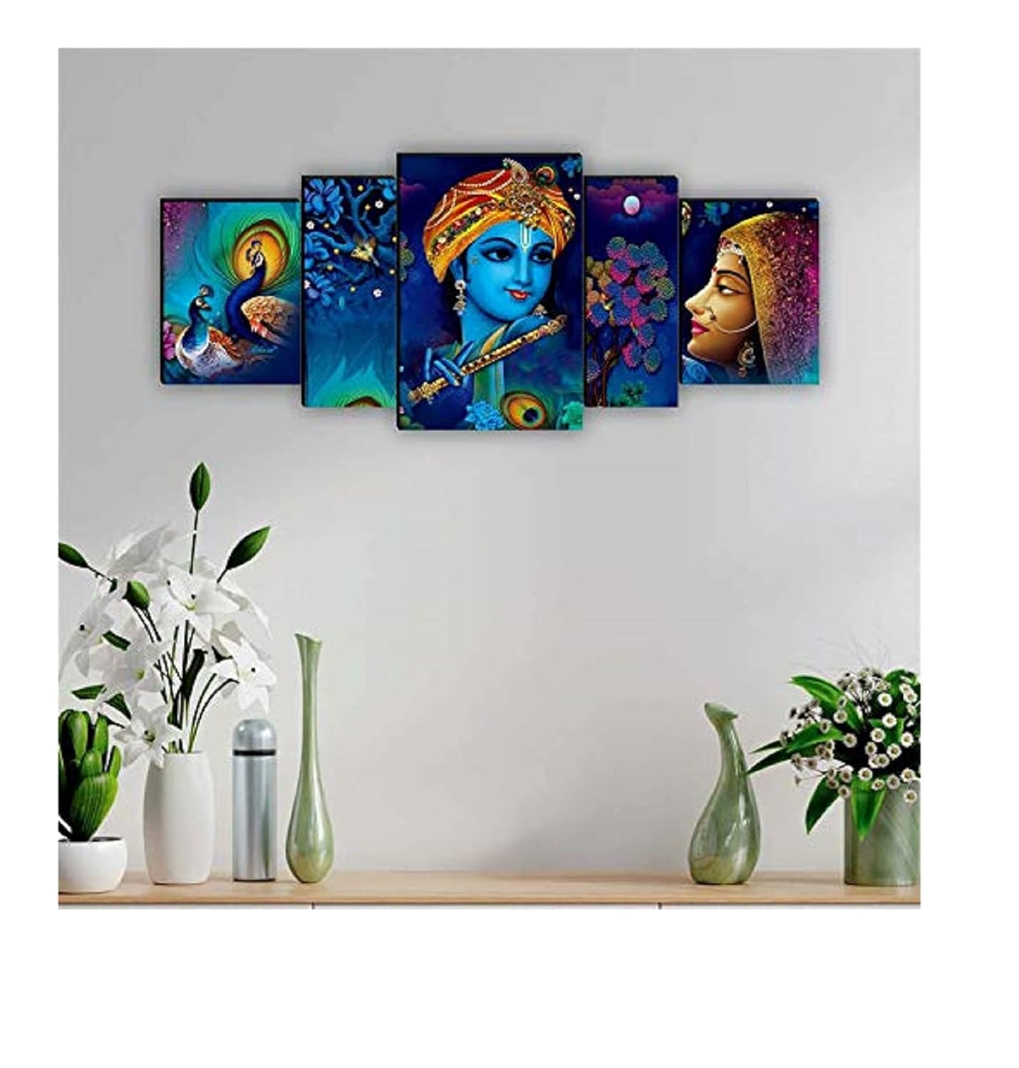SAF Radha Krishna with couple peacock UV Textured MDF Abstract Panel Painting For Home Decoration, 18 Inch X 42 Inch, Set of 5, multicolor