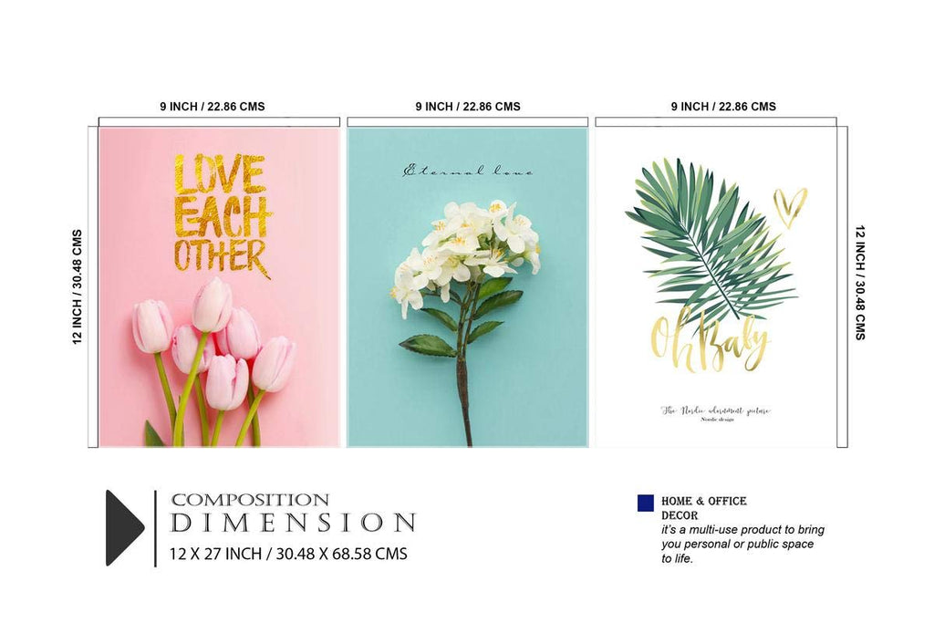 SAF paintings Set of 3 Love Flower Design UV Coated 6MM MDF Home Decorative Gift Item Painting 12 inch X 27 inch SANFC12218, Floral, Multicolour