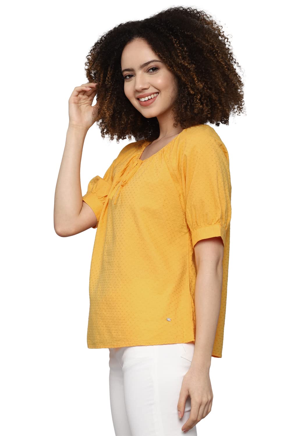 Allen Solly Women's Yellow Plain Short Sleeve Casual Shirt