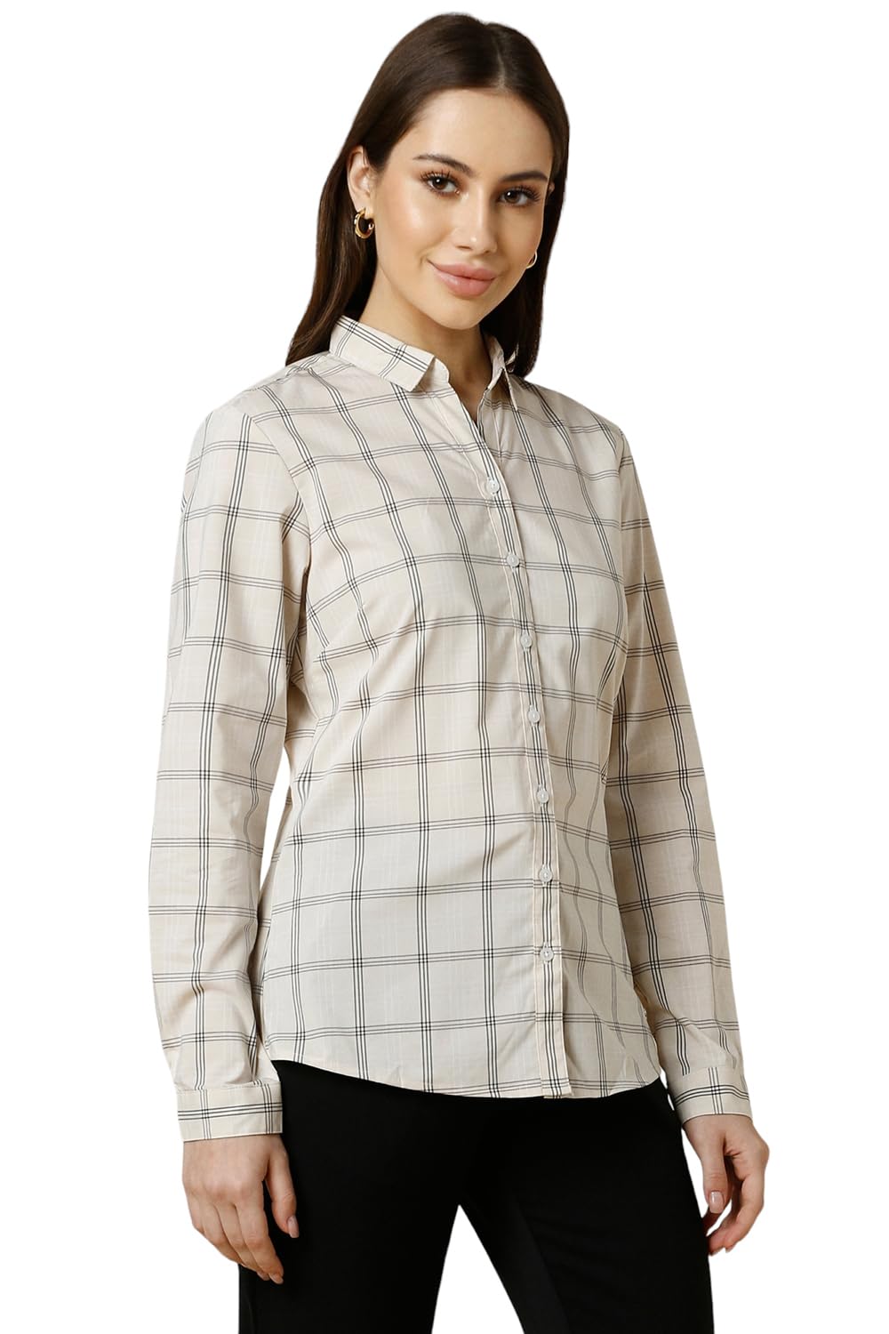 Allen Solly Women's Beige Checkered Long Sleeve Casual Shirt