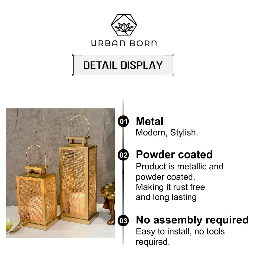 Urban Born Set of 2 Iron Lantern and Candle Tealight Holder for Home Decor Items | Candles for Home Decoration | Candle Holders for Home Decor | 2 Free led Lights (Pack of 2) (Gold)