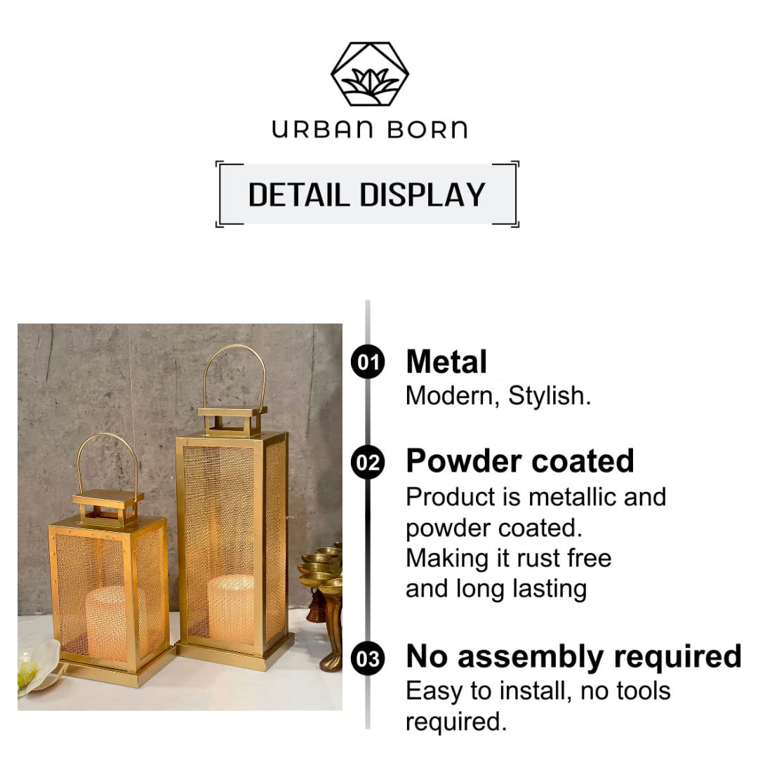 Urban Born Set of 2 Iron Lantern and Candle Tealight Holder for Home Decor Items | Candles for Home Decoration | Candle Holders for Home Decor | 2 Free led Lights (Pack of 2) (Gold)