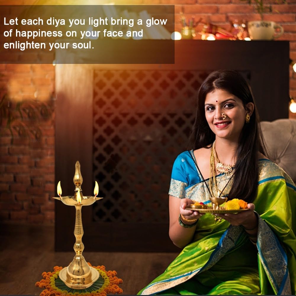 HASHCART® Brass Kerala Diya for Puja (14 inch, Set of 2) - Diya for Pooja - Kutthu Vilakku Samai Diya for Puja Diwali Decorations - Indian Diwali Gifts