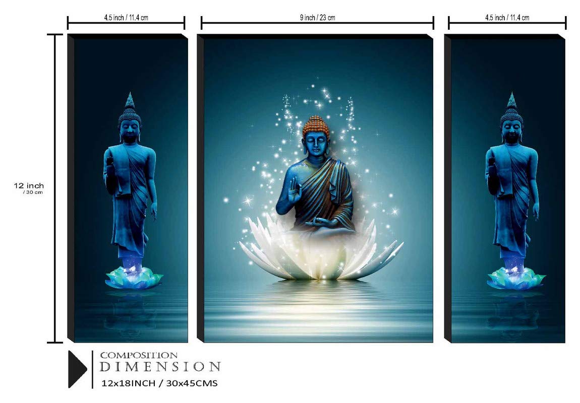 SAF Religious Sitting Buddha on Lotus wall painting for living room with frame, 12 inch X 18 inch, Set of 3, multicolor