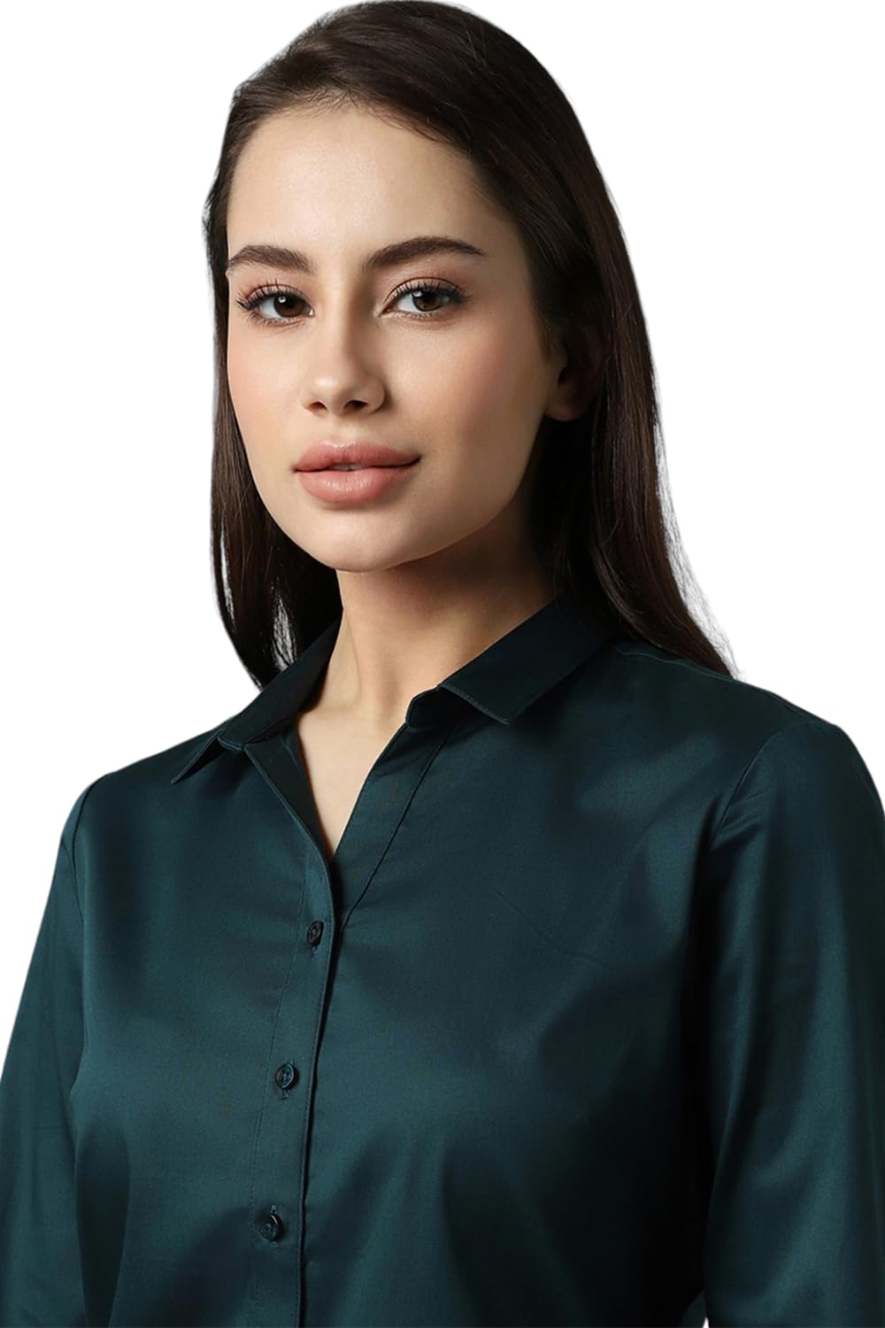 Allen Solly Women's Dark Green Plain Long Sleeve Formal Shirt