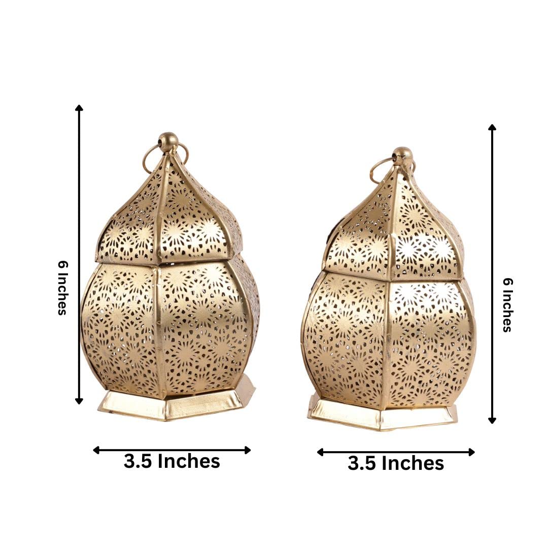 Purestory Lanterns for Home Decor | Lantern for Candle | Antique Metal Lantern and Hanging Tealight Holder for Home Decor Items | Lantern for Diwali | Gold Moroccan Hanging Lantern | Size 6 Inches
