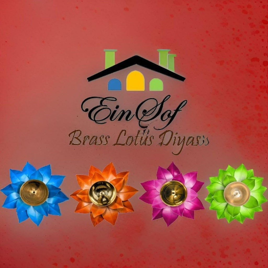 EIN SOF Brass Diyas for Puja – Lotus Lamps for Home & Diwali Decoration, Akhand Jyoti Stand with Gift Cover, 5 inches Kamal Design Pooja Oil & Camphor Diya, Blue Orange Pink & Yellow, Pack of 4