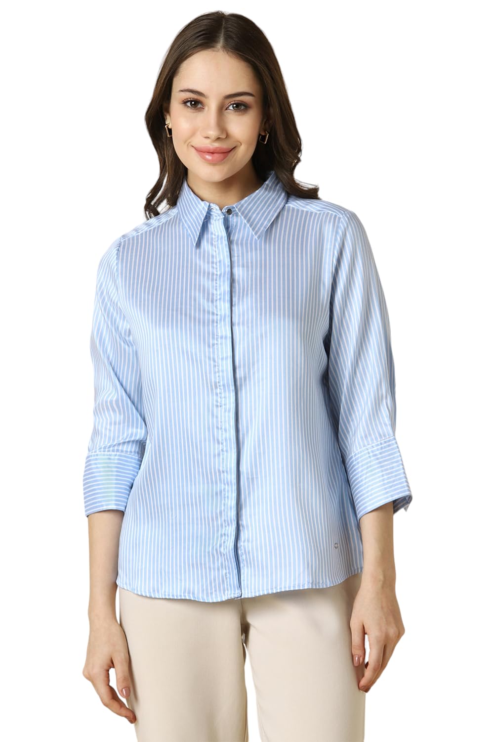 Allen Solly Women's Blue Striped Short Sleeve Casual Shirt