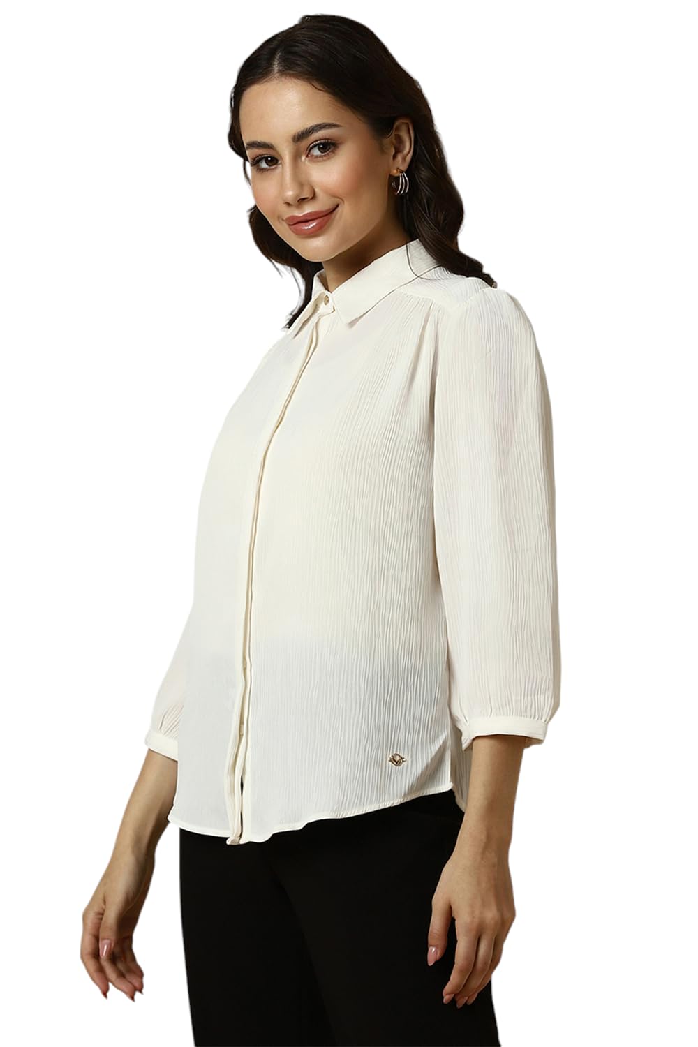 Allen Solly Women's Cream Plain 3/4 Sleeve Formal Shirt