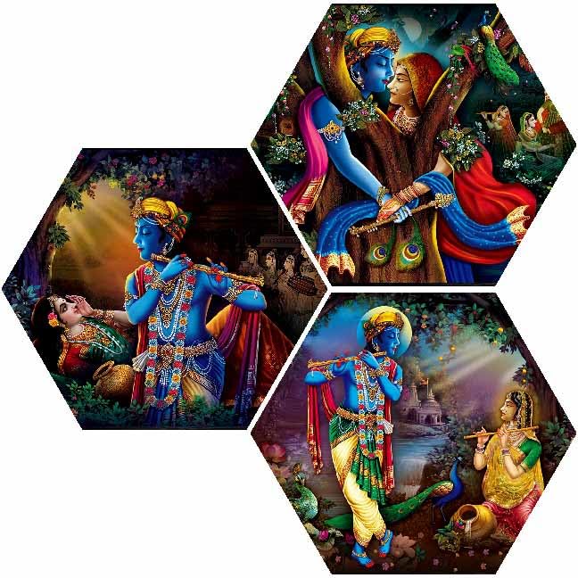 SAF paintings Set of 3 Hexagon Radha krishna MDF Board UV Textured Painting SA-SANFHX31348