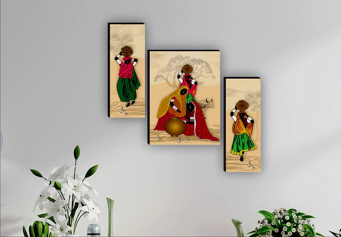 SAF Set of 3 Rajasthani Village Ladies Modren Art UV Textured Home Decorative Gift Item MDF Painting 12 Inch X 18 Inch SAF-JMS6727(color2,Religious;Figures;Floral)