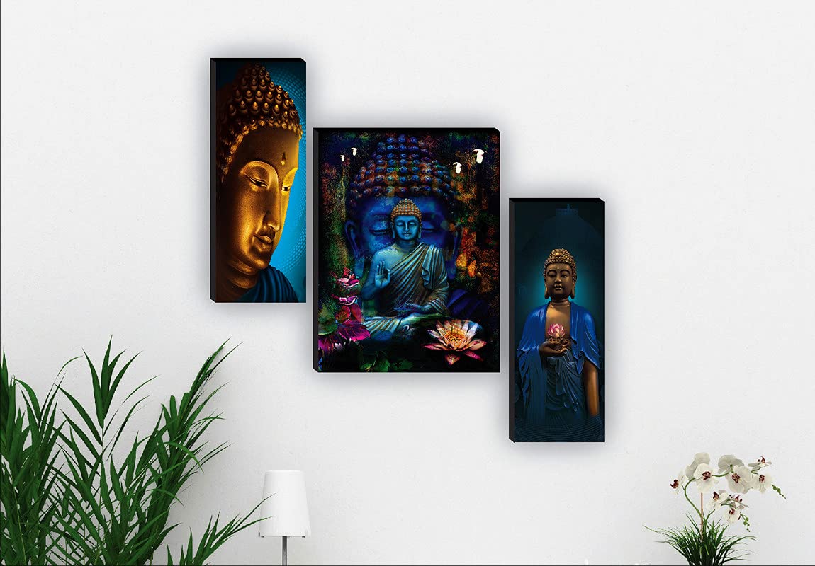 SAF paintings Set Of 3 Religious Buddha Wall Painting Home Dã©Cor Items Paintings For Living Room With Frame Wall Painting 12 Inch X 18 Inch Saf-Jm31046, Multicolour