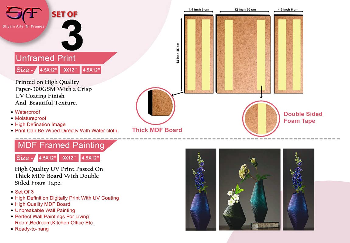 SAF paintings SANFJM32422 Flower UV Textured MDF Framed Paintings (Set of 3, 6mm, 12" x 18", Multicolor)