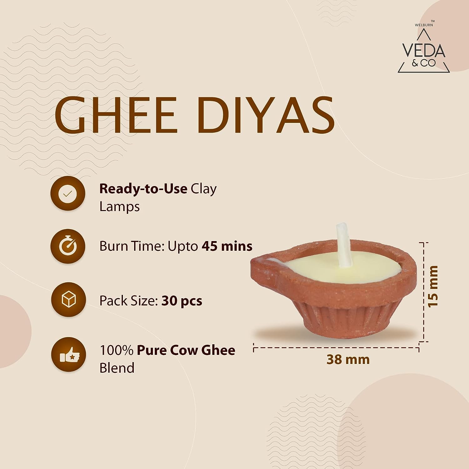 Welburn Veda&Co™ Pure Cow Ghee Diya for Puja - 30 Pieces, Upto 45 Minutes Burn Time, Ghee Blended Filled Clay Diya Batti, Ready to Use Diwali Diyas for Daily Pooja
