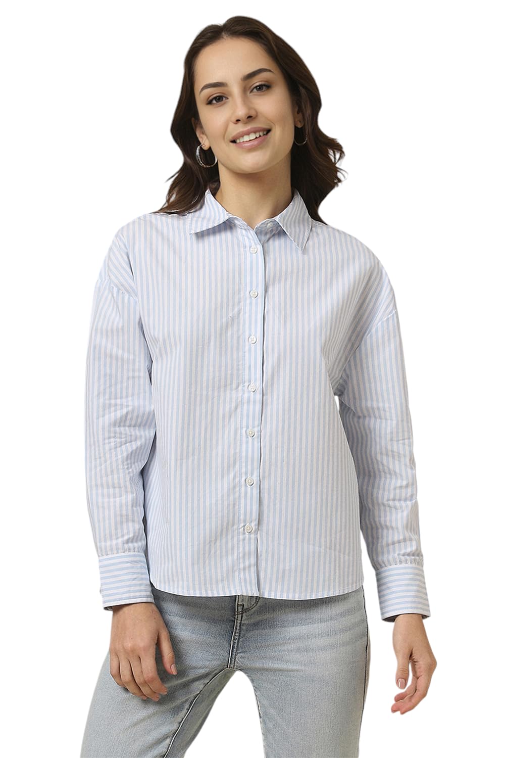 Allen Solly Women's Cotton Light Blue Striped Long Sleeve Casual Shirt