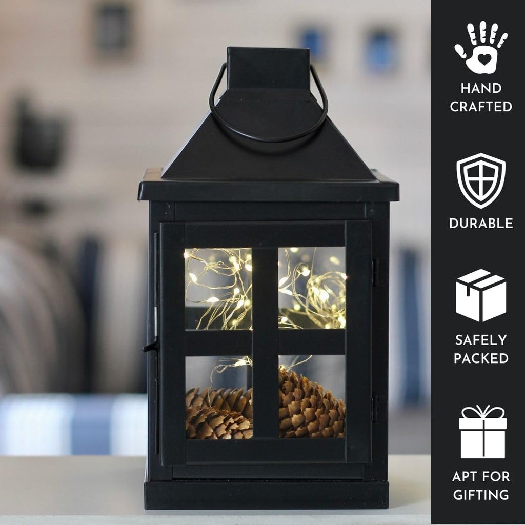 Behoma Vintage Style Metal & Clear Glass Lantern, 9.4 inch Matte Black Tea Light Candle Holder for Diwali Décor, Table-top and Wall-Hanging Indoor and Outdoor (Candle/Lights NOT Included)