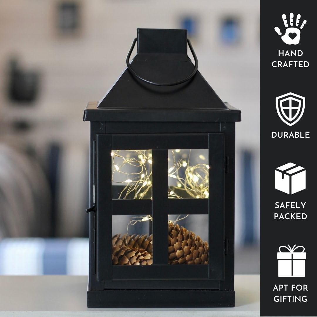 Behoma Vintage Style Metal & Clear Glass Lantern, 9.4 inch Matte Black Tea Light Candle Holder for Diwali Décor, Table-top and Wall-Hanging Indoor and Outdoor (Candle/Lights NOT Included)