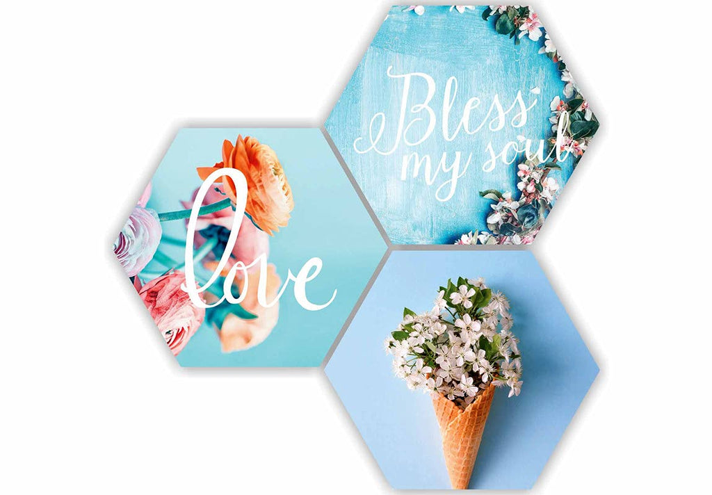 SAF Love Blessing Soul with Preety Flower and Leaf in Cone Pot 3 Piece of Hexagon UV Textured Multi-Effect Self adheshive Painting 17 Inch X 17 Inch SANFHX142, Multicolour