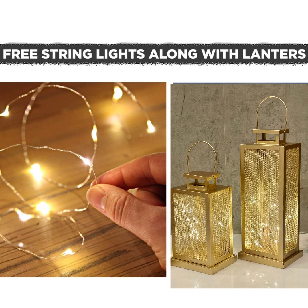 Urban Born Set of 2 Iron Lantern and Candle Tealight Holder for Home Decor Items | Candles for Home Decoration | Candle Holders for Home Decor | 2 Free led Lights (Pack of 2) (Gold)