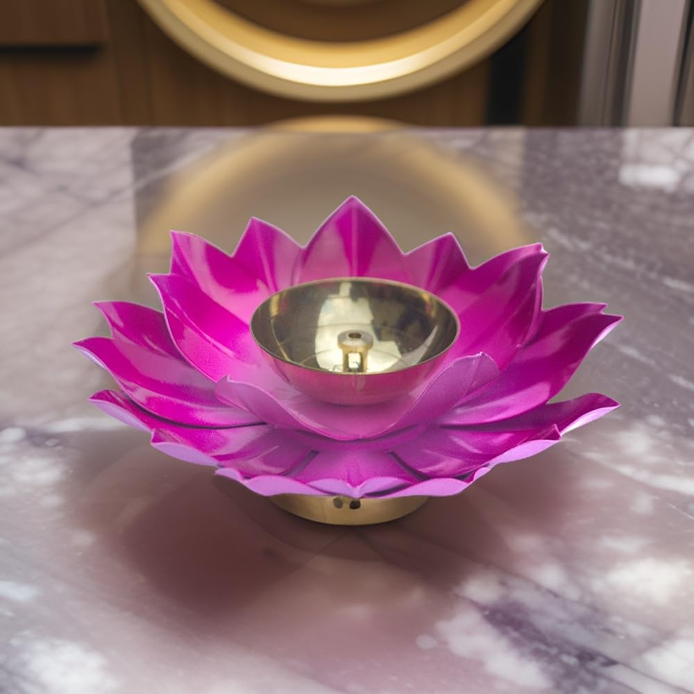 EIN SOF Brass Diyas for Puja – Lotus Lamps for Home & Diwali Decoration, Akhand Jyoti Stand with Gift Cover, 5 inches Kamal Design Pooja Oil & Camphor Diya, Blue Orange Pink & Yellow, Pack of 4