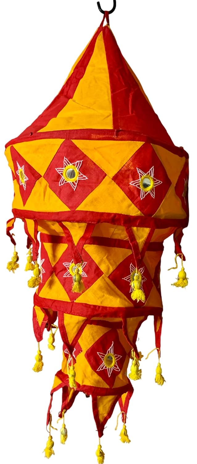 Cloth Applique Free Hanging Decor Item/Festive Lantern, Jhoomar Shape with 3-Steps, Compressible, from Pipli Odisha (Orange & Red)