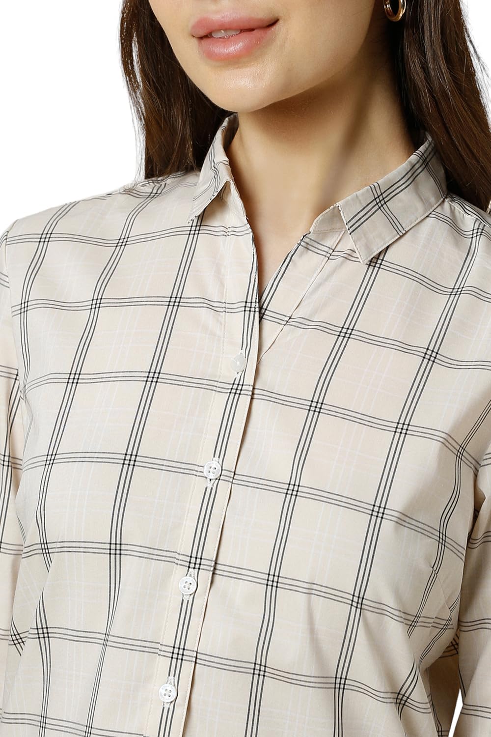 Allen Solly Women's Beige Checkered Long Sleeve Casual Shirt
