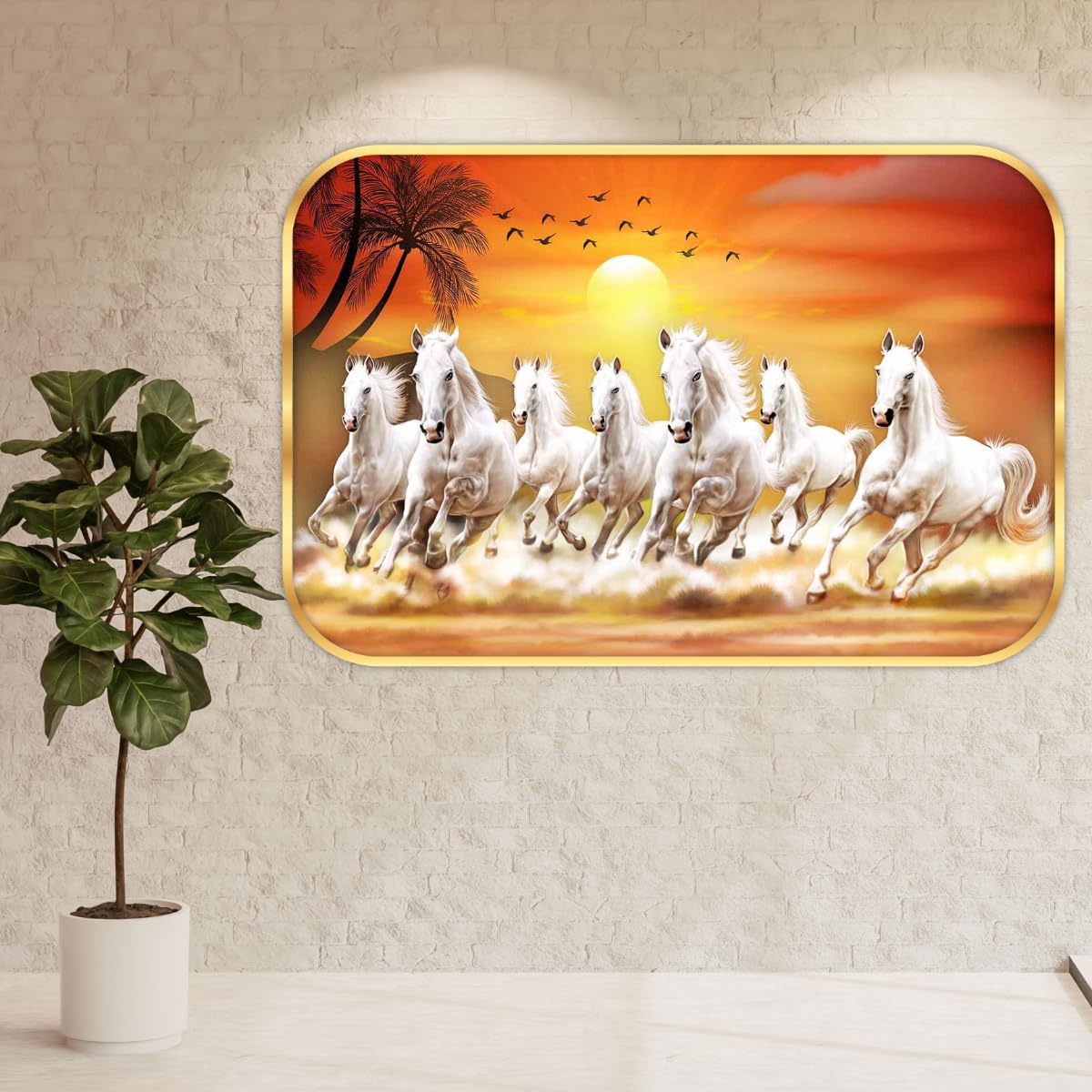 SAF 7 Running Horses at Sunrise Vastu Wall Painting with Frame - Sparkle Glossy Round Golden Framed Large Painting for Office, Living Room, Bedroom, Home Wall Decoration Animals Painting (Multicolour, SANFMG173, 18 x 12 inch)