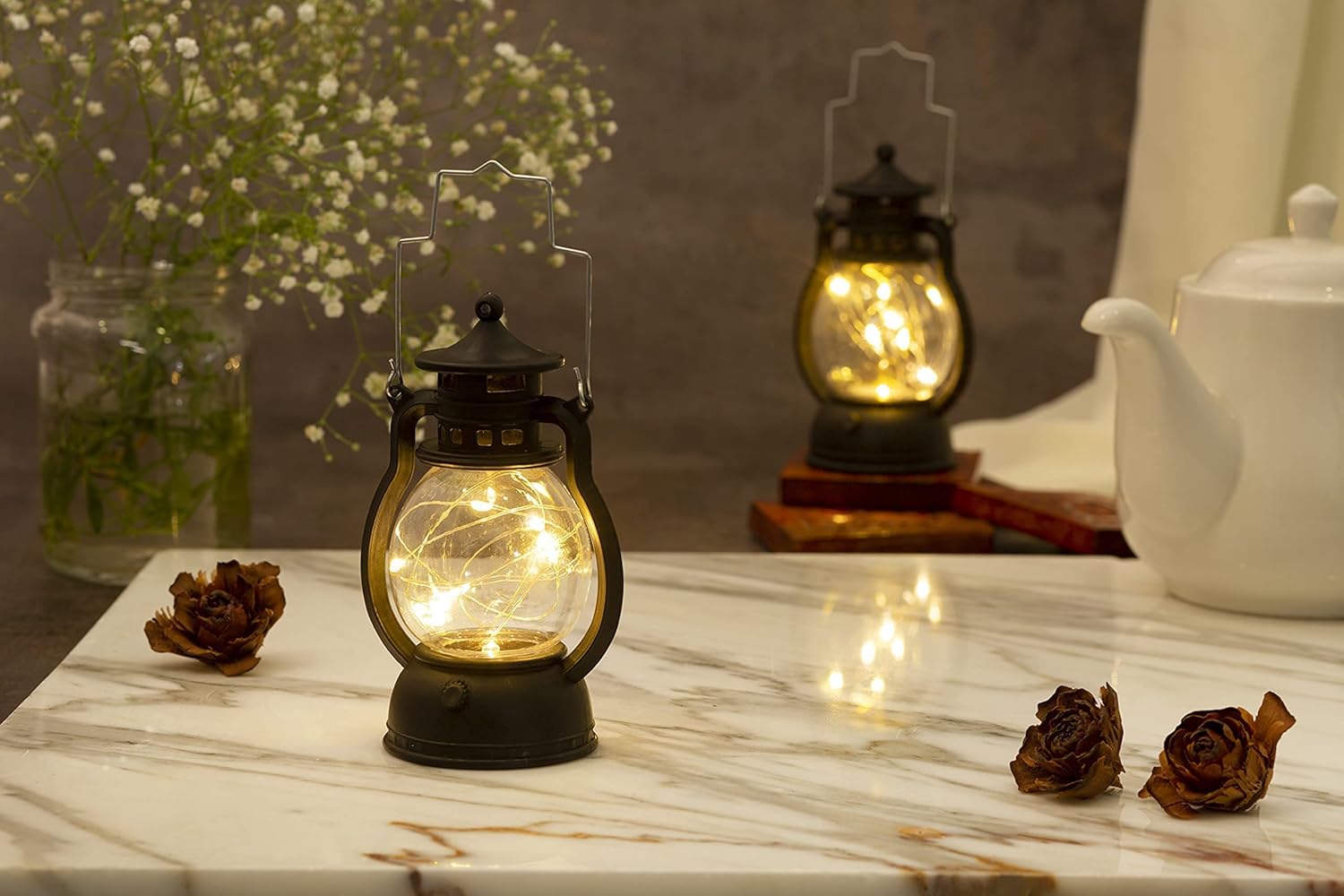 SATYAM KRAFT 4 Piece Acrylic Antique Lamp Hurricane Wall Hanging LED String Light Holders Perfect for Home Decor, Diwali Decor, Gifts, Bedrooms, and Living Rooms (Yellow)