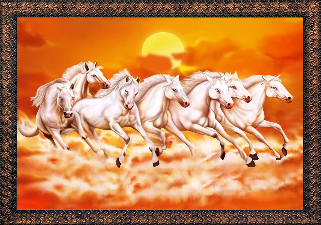 CN RETAILS Beautiful 7 Horses vastu Wall Painting with Special Effects Sparkle Lamination wood art framed wall Painting for home décor Synthetic Solid Wooden Frame (Brown, 50 x 65 cm) 18x24_27