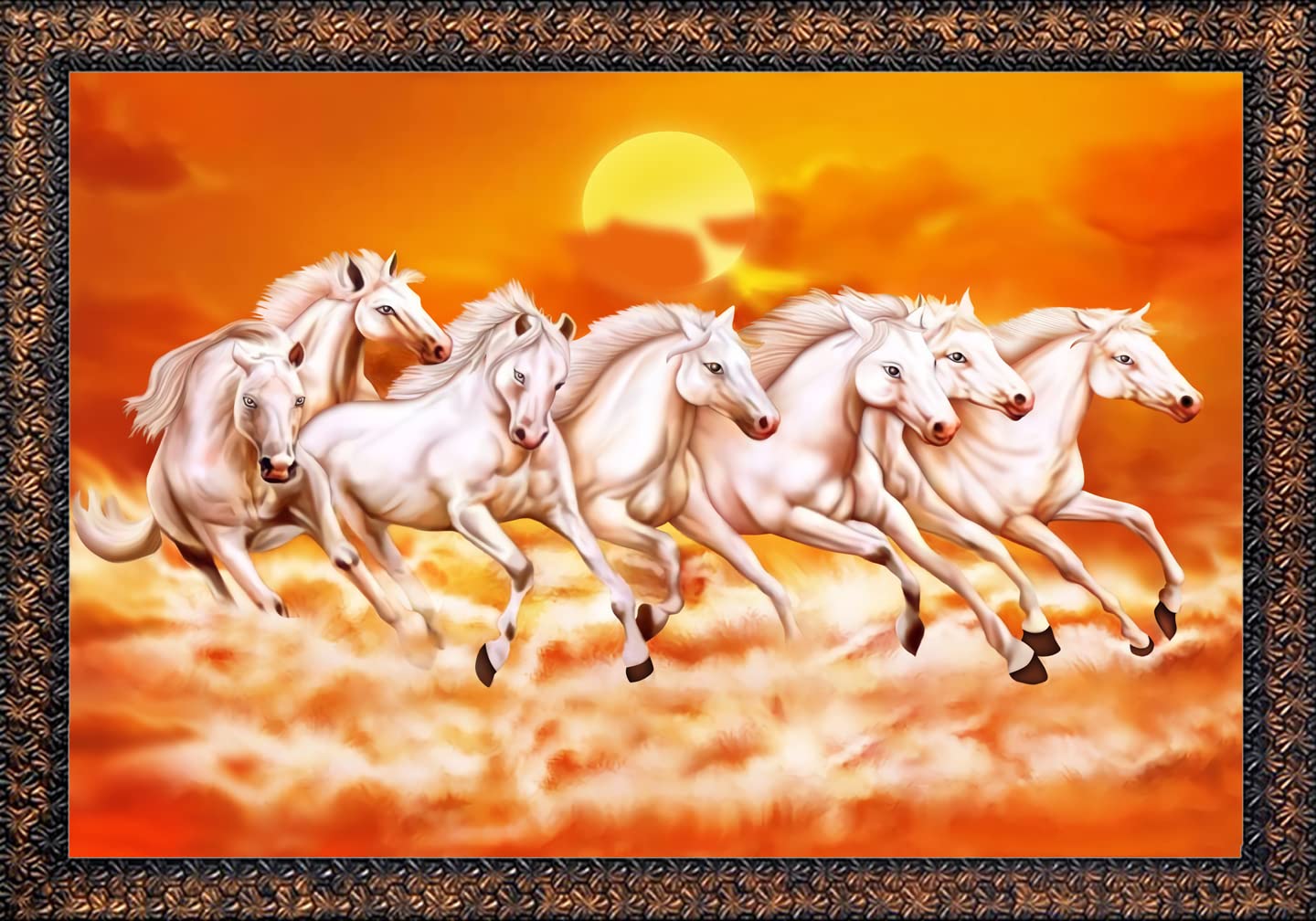 CN RETAILS Beautiful 7 Horses vastu Wall Painting with Special Effects Sparkle Lamination wood art framed wall Painting for home décor Synthetic Solid Wooden Frame (Brown, 50 x 65 cm) 18x24_27