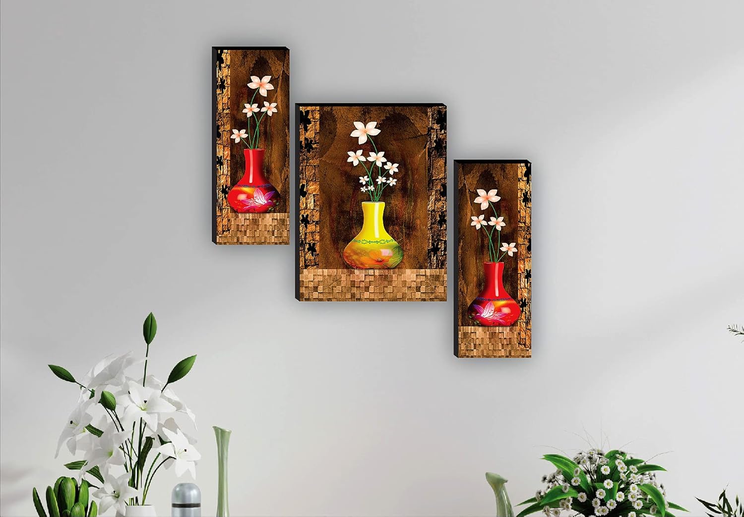 SAF Set of 3 Preety Flower Pot UV Textured Self adeshive Home Decorative Gift Item Painting 18 Inch X 12 Inch SAF-JM4951(color2,Religious;Figures;Floral)