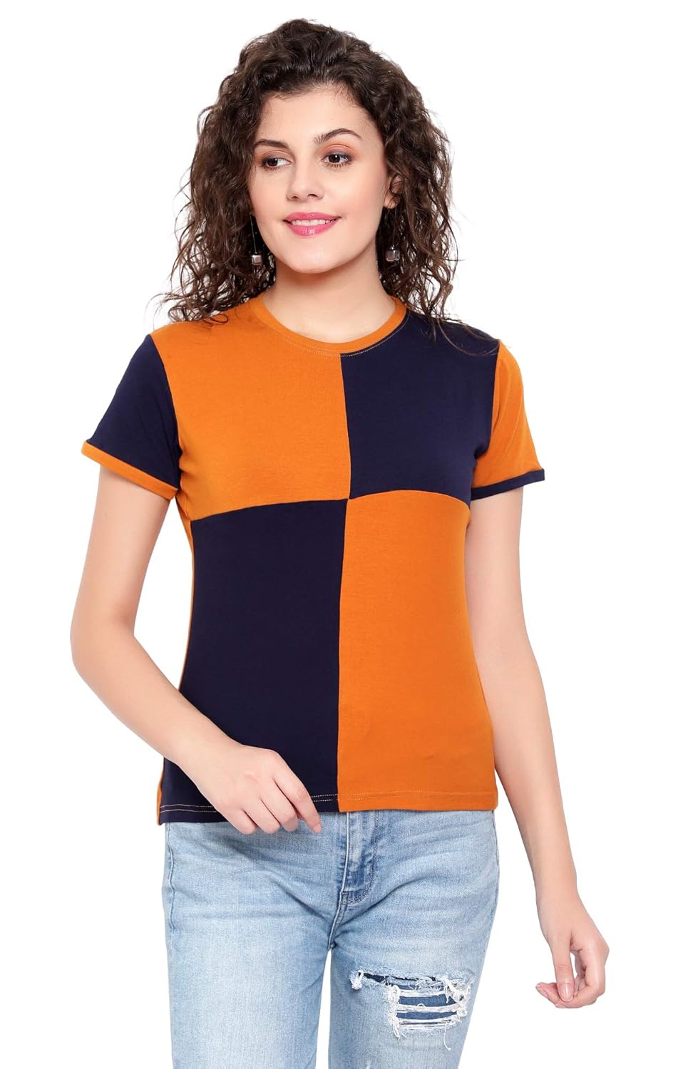 GRECIILOOKS Women's New Check Plain Lycra 3/4 Sleeve Regular Fit Top