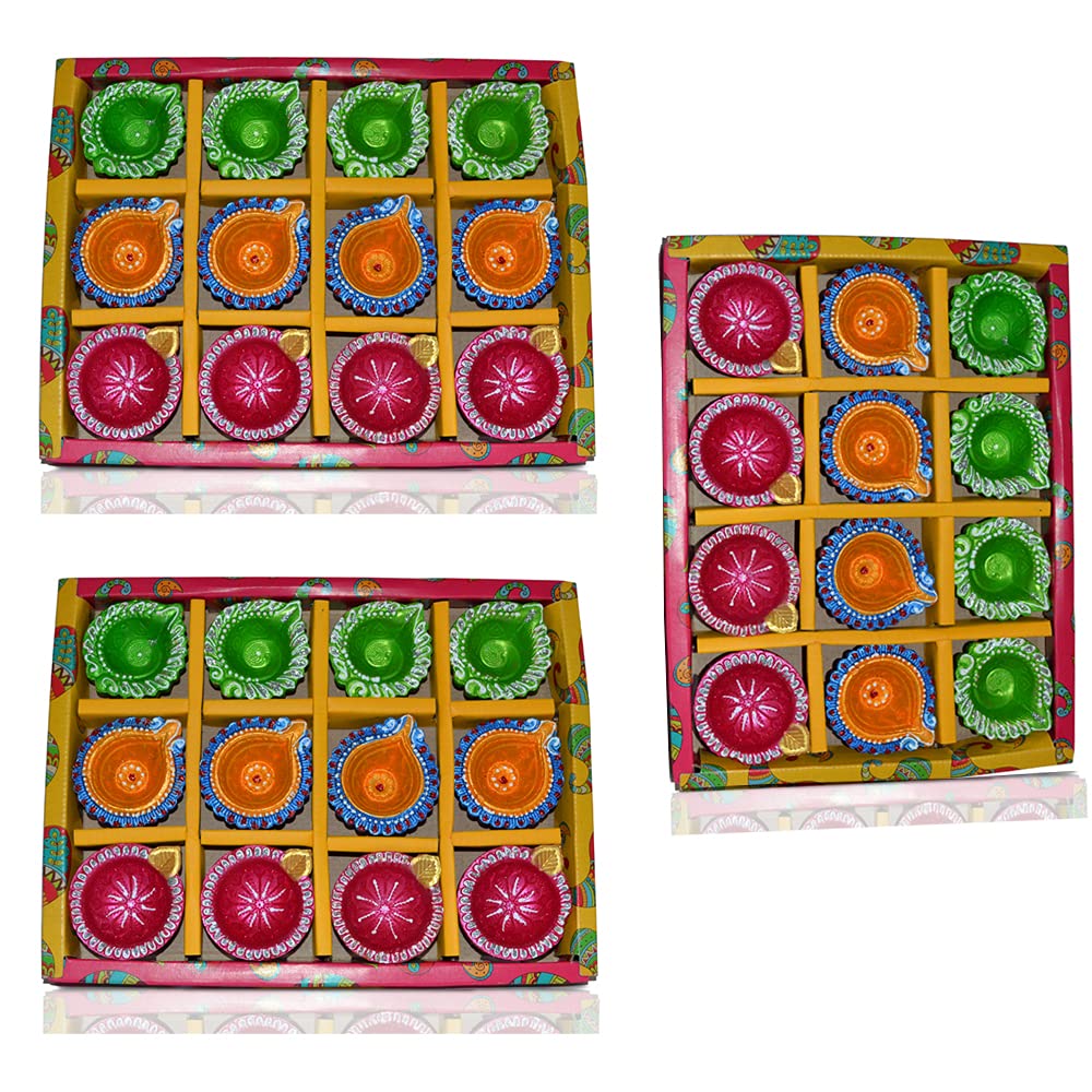 CraftVatika Clay Diyas Diya Deepak Batti Diya - Handmade Mitti Diya for Diwali Decoration Puja - Handpainted Diya for Home Indoor Outdoor Diwali (24 Diyas)