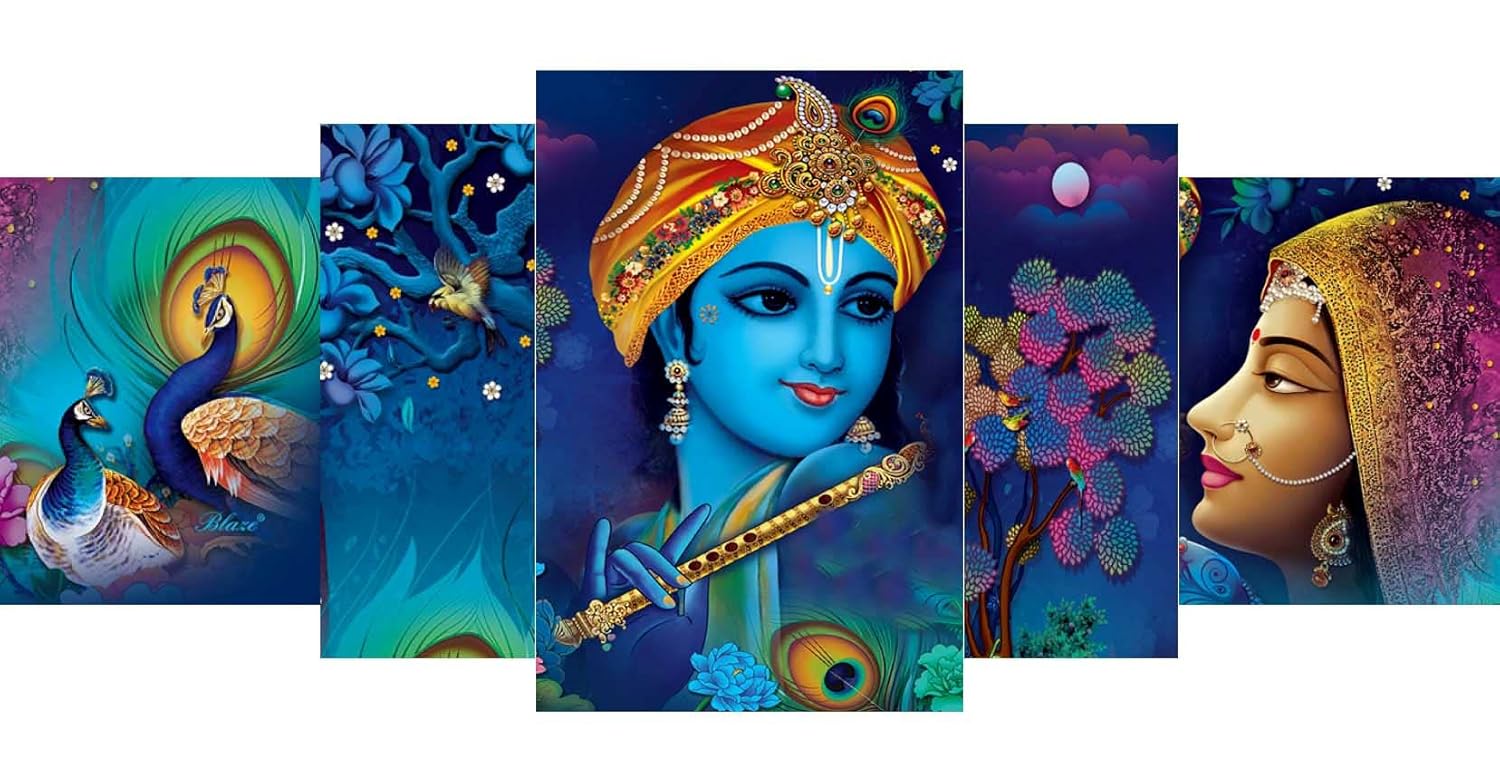 SAF Radha Krishna with couple peacock UV Textured MDF Abstract Panel Painting For Home Decoration, 18 Inch X 42 Inch, Set of 5, multicolor
