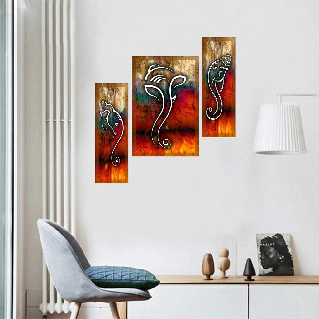 SAF paintings 6MM Ganesha Set of 3 Panel Digital Reprint 12 Inch X 18 Inch Painting SANFJM1004