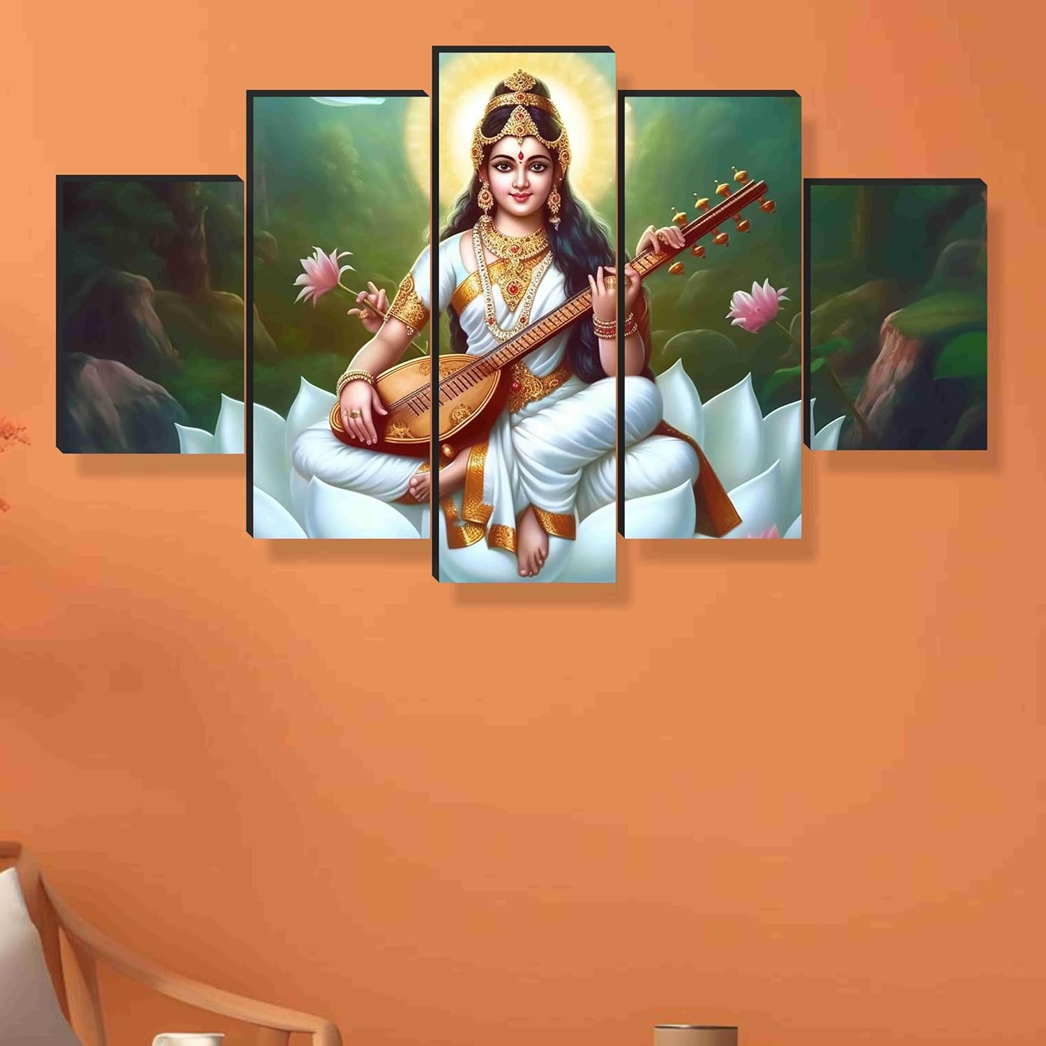 SAF Saraswati ma Paintings for Wall Decoration - Set Of Five, 3d modern art Painting for Living Room Large Size with Frames for Home Decoration, Hotel, Office 76.2 cm x 45 cm SANFPNLS35481