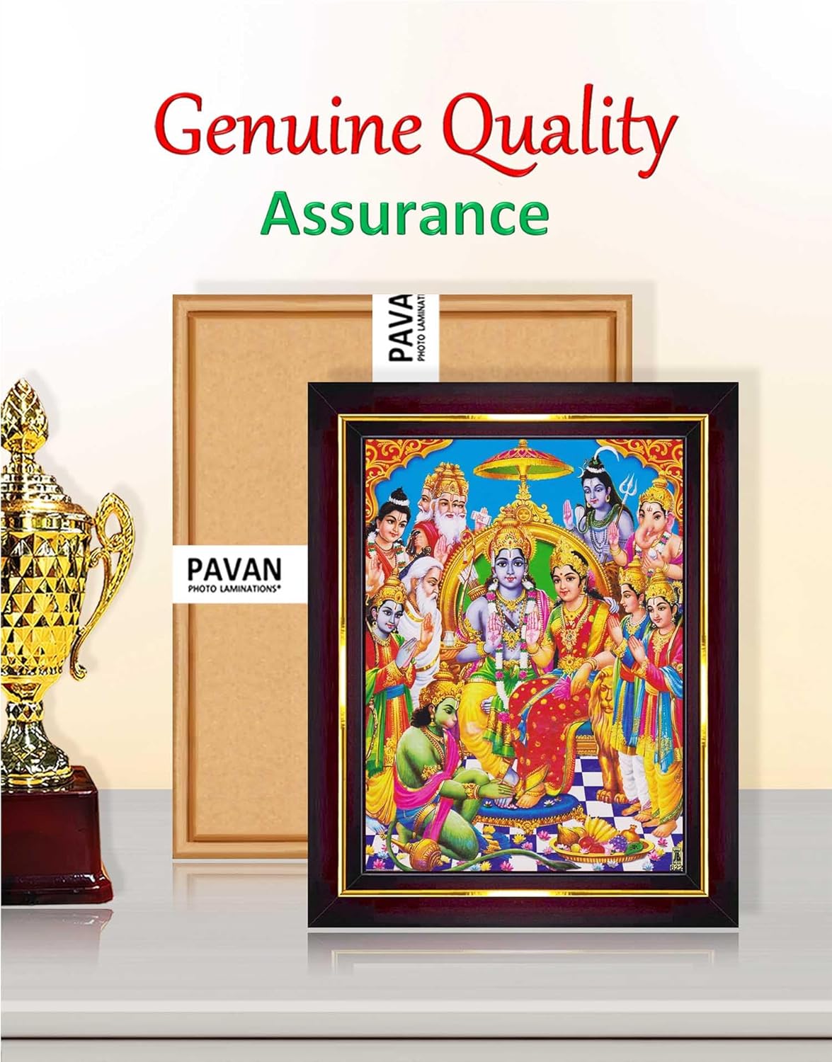 Pavan Photo Laminations Ram Darbar Lord Shri Rama Sita Parivar Family Wall Painting Framed Home Decor (Wood,Matte,Brown,Small Size,6 x 8 Inch) B745S