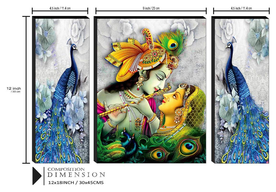 SAF paintings Religious 'Radha Krishna with Couple Peacock ' Abstract Wall Painting Frame - JM31084 (Multicolour, 12 inch X 18 inch, Standard) - Set of 3
