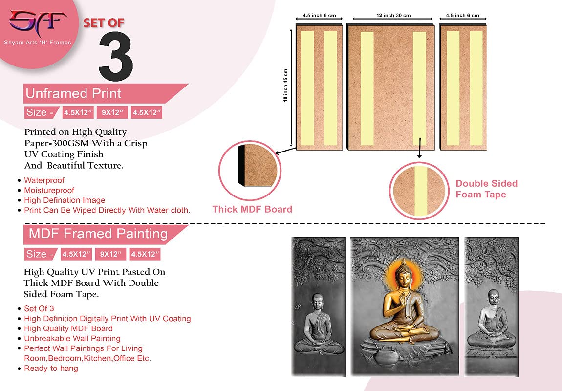 SAF paintings Set Of 3 Lord Buddha MDF UV Textured Digital Reprint Painting For wall Decoration,Home decor and Office OL-SANFJM31561