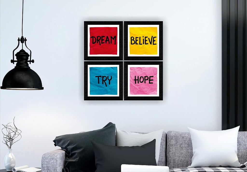 SAF paintings Set of 4 Dream, Hope, Belive, Try Motivational UV Coated Home Decorative Gift Item Framed Alphabets Painting 19 inch X 19 inch SET4_35, Multicolour, Standard