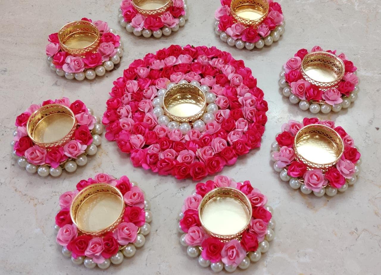 AGAAS ENTERPRISES Beautiful Set of 9 Beautiful Diwali Decoration Flower Design Metalic Diya/Tea Light Candle Holder Floor Rangoli Festival Decor Home Decoration
