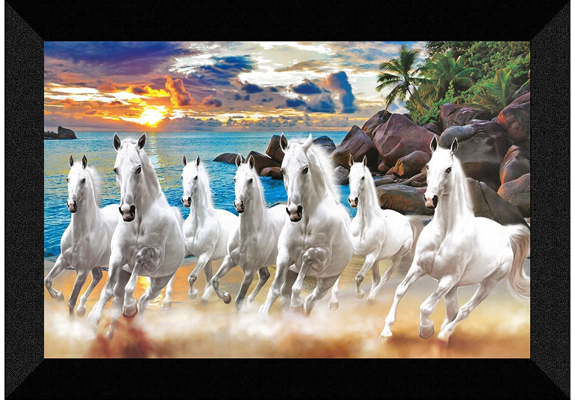 SAF paintings 7 Horses Vastu Frame HD | 7 White Running Horses Wall Painting | 7 Horses Photo Frame | 7 Horses Wall Decor | 7 Horses with Rising Sun (20 inch x 14 inch)