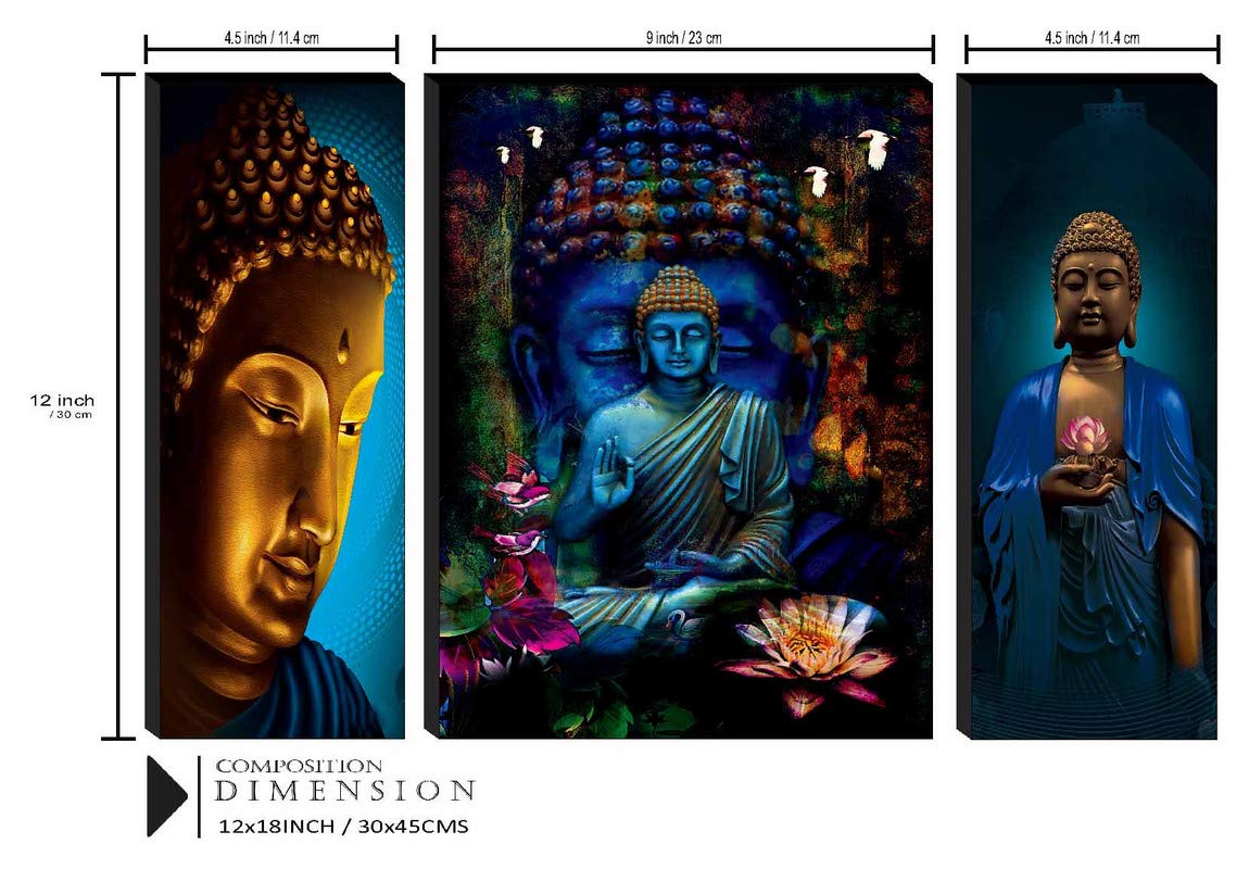 SAF paintings Set Of 3 Religious Buddha Wall Painting Home Dã©Cor Items Paintings For Living Room With Frame Wall Painting 12 Inch X 18 Inch Saf-Jm31046, Multicolour
