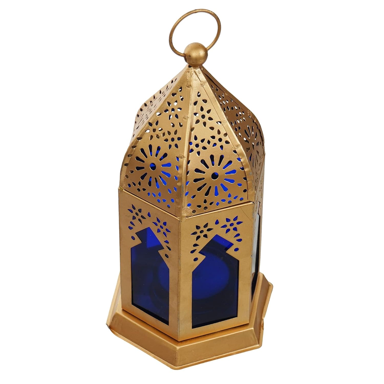 Webelkart Premium Moroccan Gold, Blue Color Metal Iron Lantern Tea Light Holder with Free Tealight Candle Holder for Home | Tealight Candle Holders for Diwali Decoration