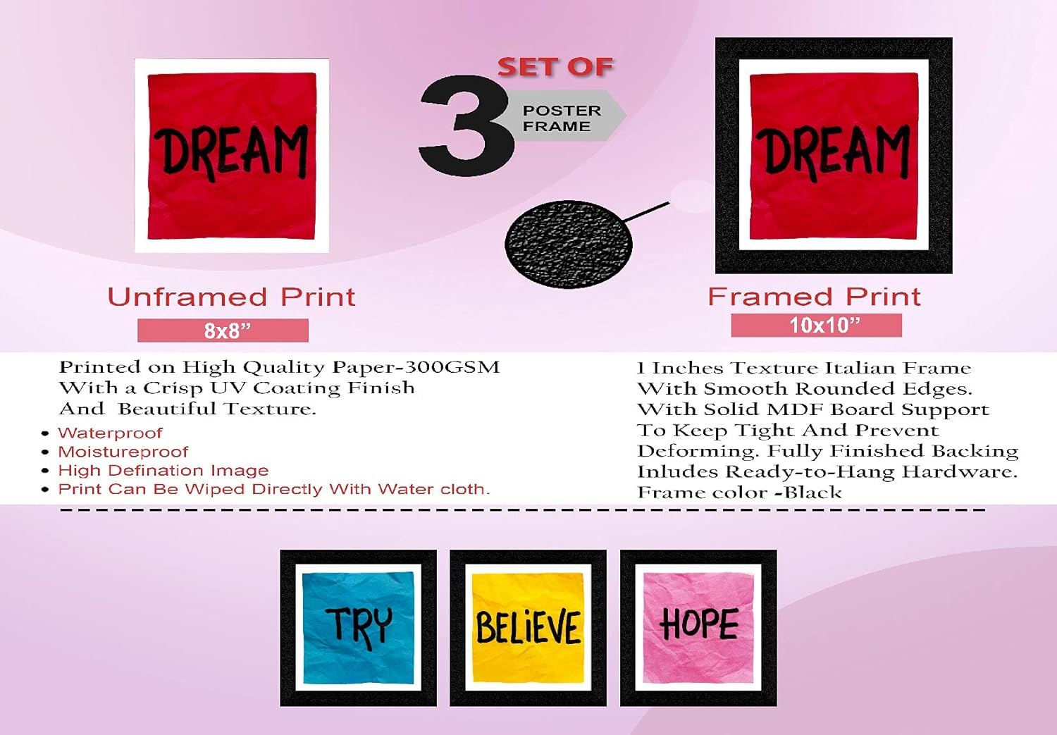 SAF paintings Set of 4 Dream, Hope, Belive, Try Motivational UV Coated Home Decorative Gift Item Framed Alphabets Painting 19 inch X 19 inch SET4_35, Multicolour, Standard