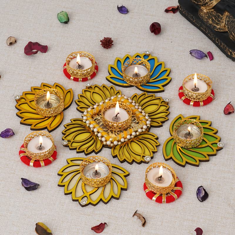 Sanvatsar Home Decorative Lotus Rangoli & Lotus Diya Set | Corporate Gift, Diwali Gift, Diya For Puja Home Decoration Light Diya, New Year Candle Set Of 9(Yellow), Plastic, Floral