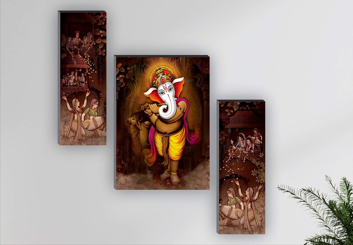 SAF Wood Sanfjm31263 Ganesha Modern Art Uv Textured Self Adhesive Painting (Set Of 3, 18" X 12", Multicolor)