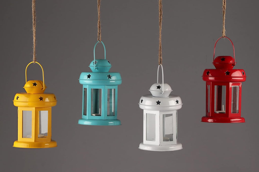 MINI JINI Iron Decorative Malta Lantern , Multi Color,Set of 4(Blue,Red,Yellow,White)
