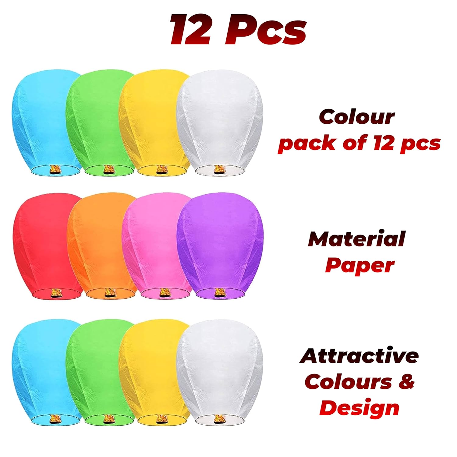 TOYXE Paper Flying Sky Lantern Hot Air Balloon with Fuel Wax Candle (Assorted Colour) - Pack of 12 Pcs