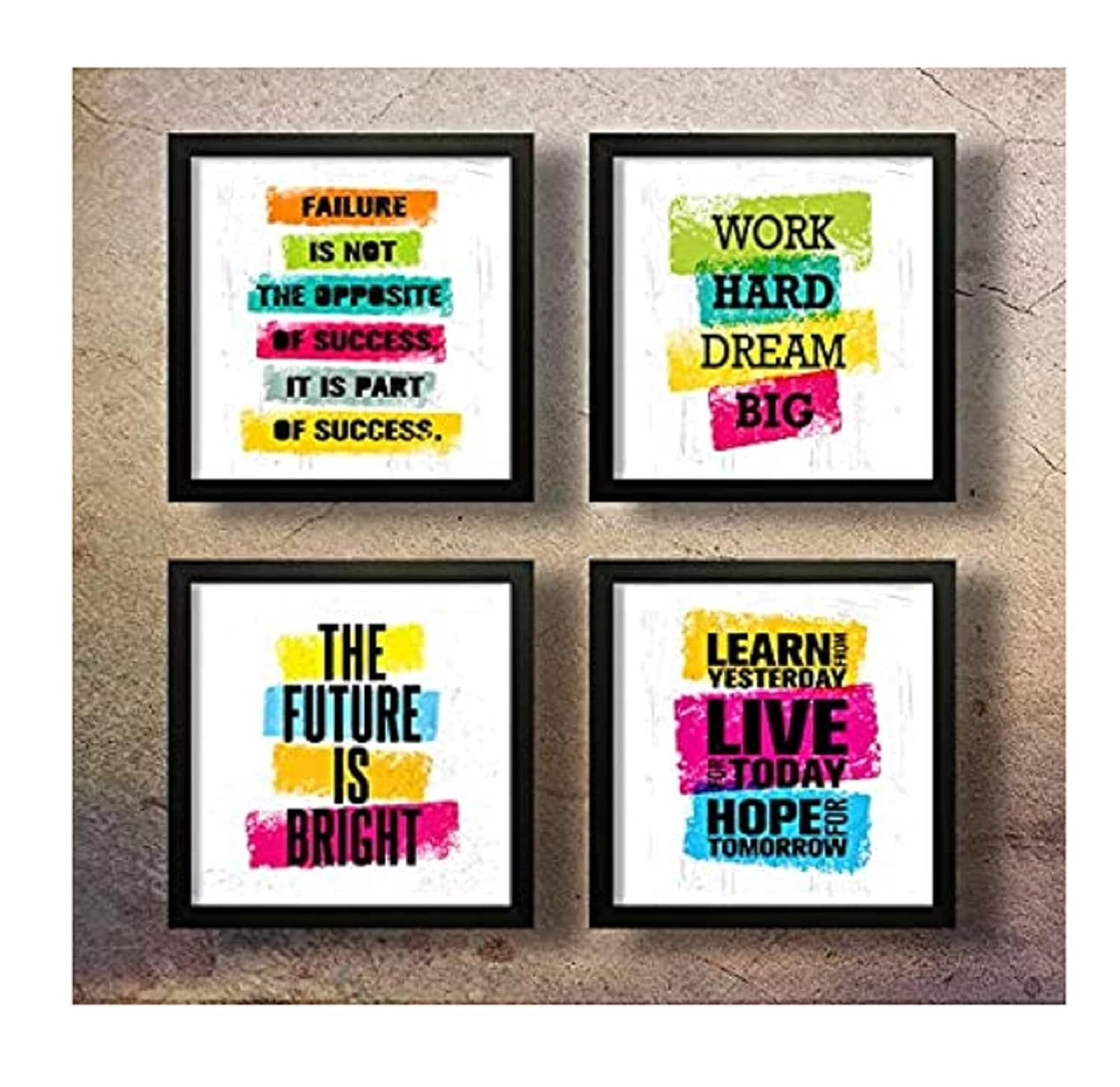 SAF Synthetic Set Of 4 Work Hard Dream Big Motivational Uv Coated Home Decorative Gift Item Framed Alphabets Painting 19 Inch X 19 Inch Saf_Set4_26, Multicolour, Standard
